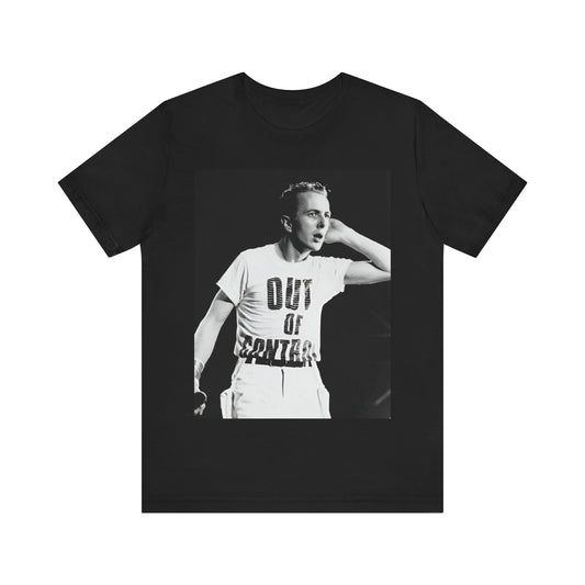 A black graphic t-shirt featuring a black and white graphic or photo portrait of Joe Strummer from The Clash.