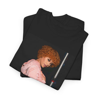 A black graphic t-shirt featuring a retro graphic of Ice Spice with her curly red hair.