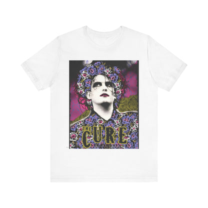 A black graphic t-shirt featuring a retro rock aesthetic pop art graphic of The Cure.