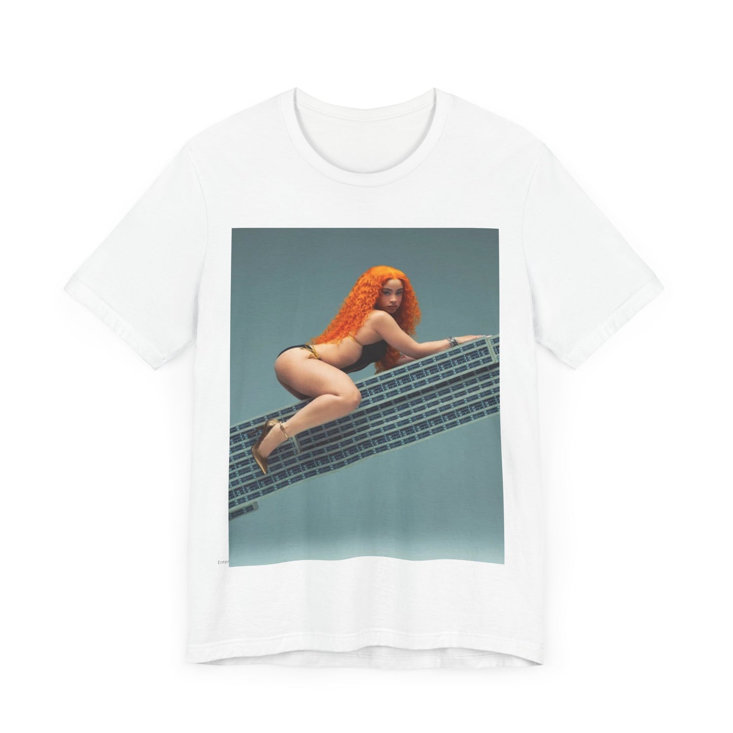 A black graphic t-shirt featuring a graphic of Ice Spice with a chill rap vibe.
