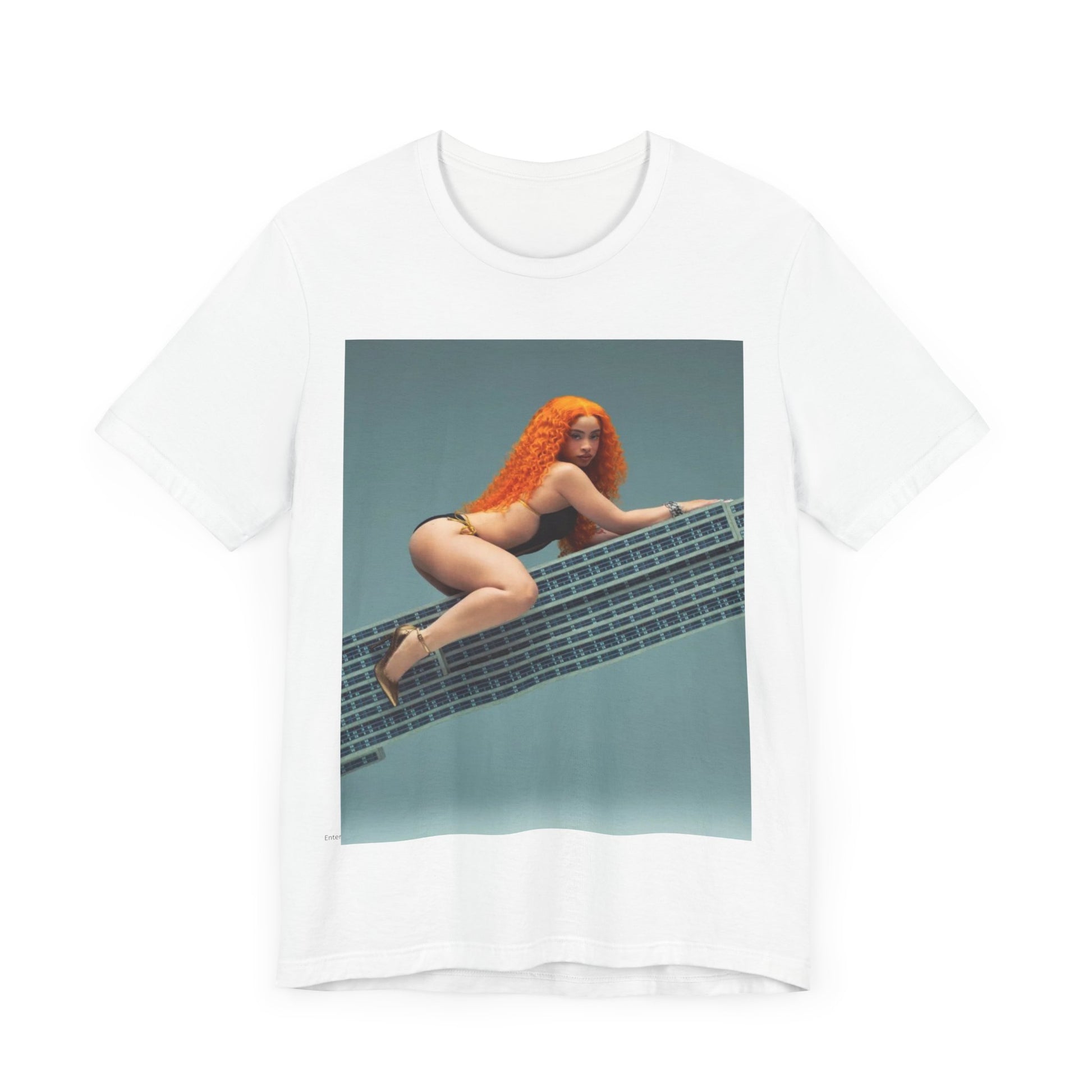 A black graphic t-shirt featuring a graphic of Ice Spice with a chill rap vibe.