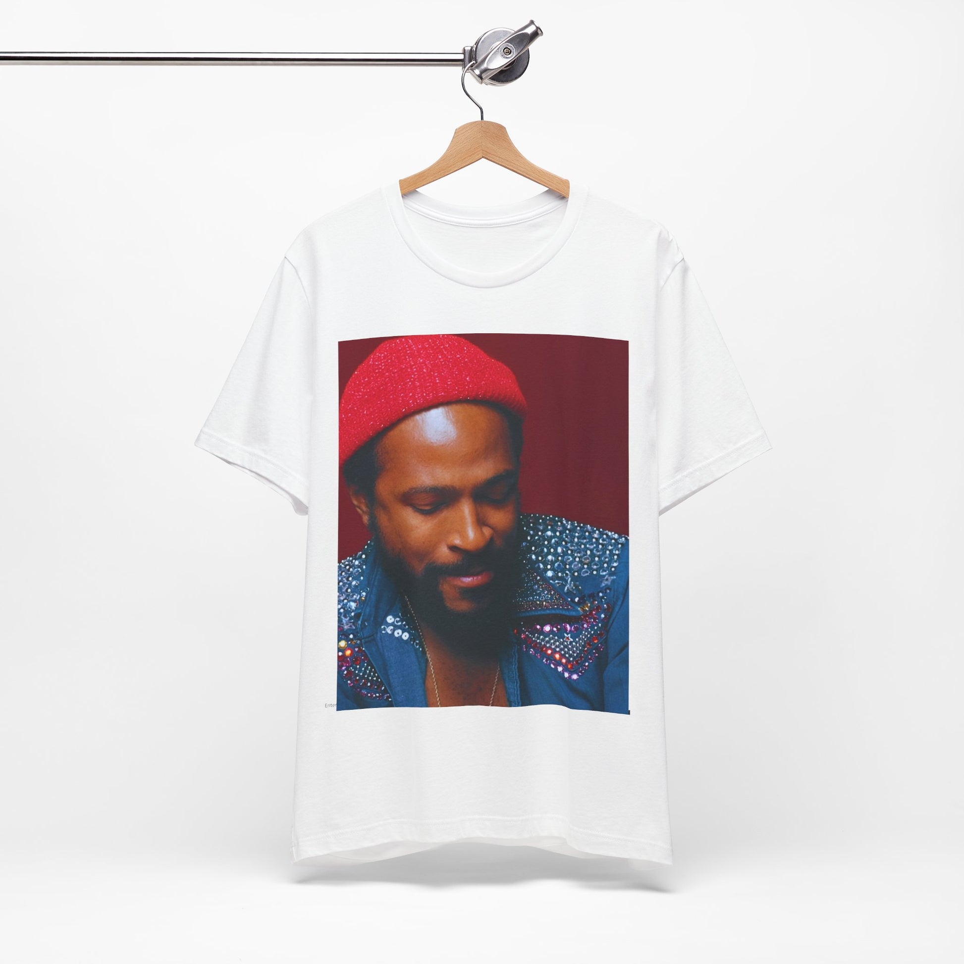 A black graphic t-shirt featuring a graphic related to Marvin Gaye's 'What's Going On' album era.