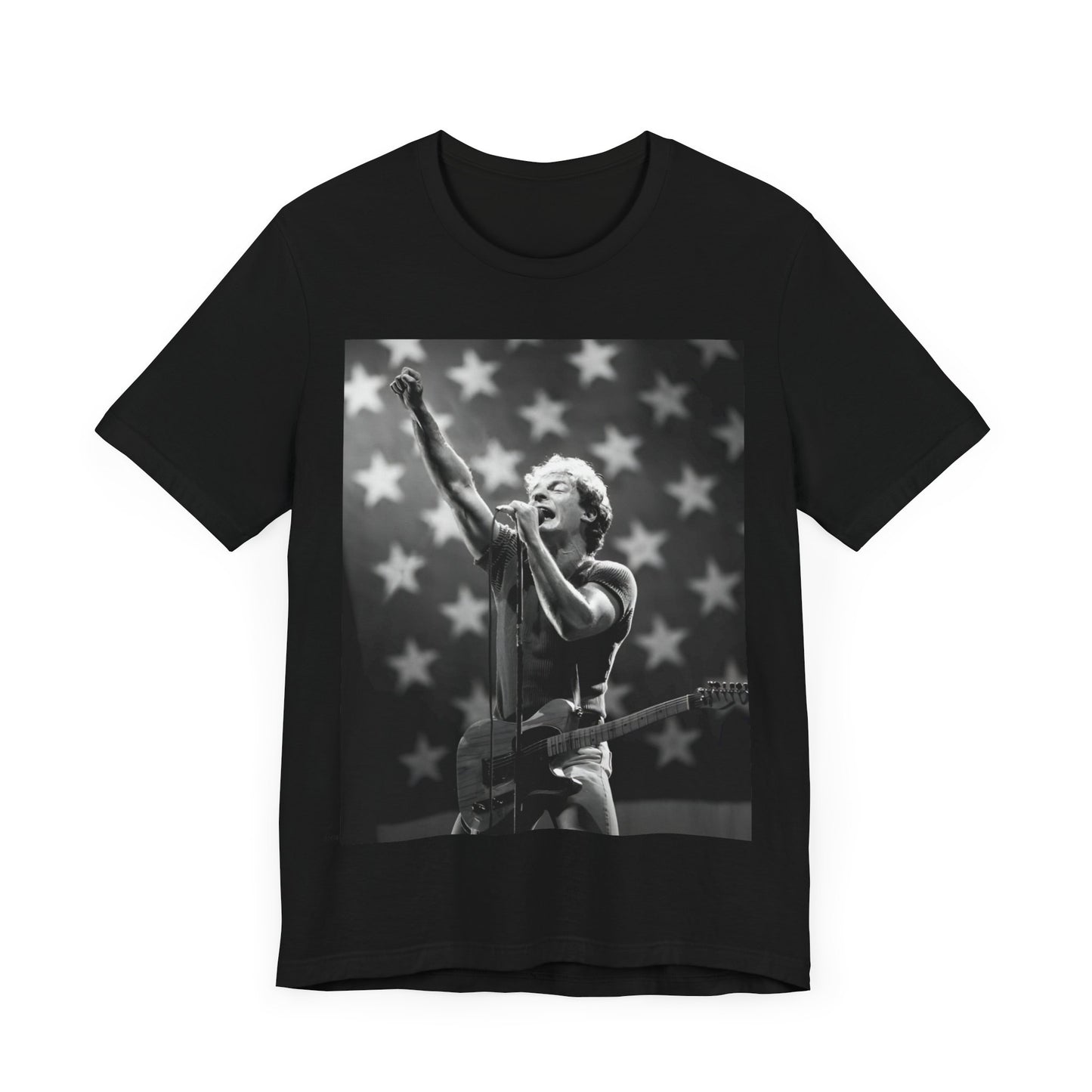 A black graphic t-shirt featuring a 70s era Americana-style graphic of Bruce Springsteen.