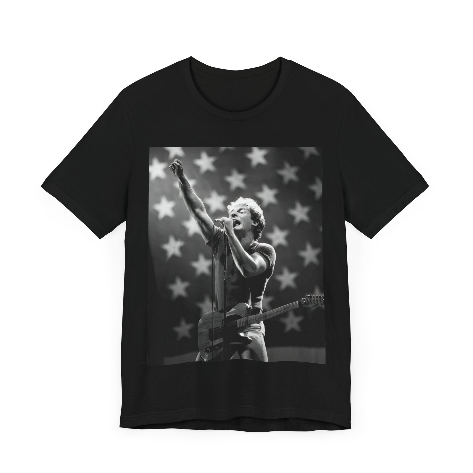 A black graphic t-shirt featuring a 70s era Americana-style graphic of Bruce Springsteen.