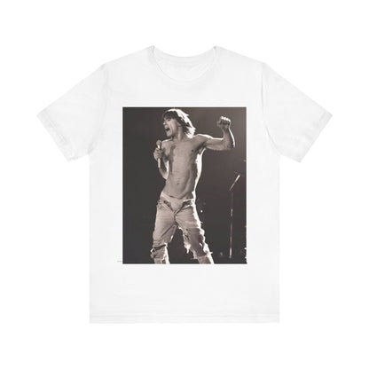 A black graphic t-shirt featuring a black and white graphic or photo of Iggy Pop performing live on stage.