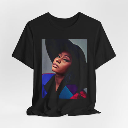 A black graphic t-shirt featuring a graphic of Nicki Minaj as a streetwear icon.