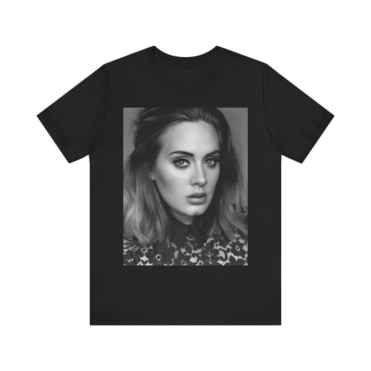 A black graphic t-shirt featuring a classic black and white, monochrome portrait of Adele, showing her with a serene or thoughtful expression.