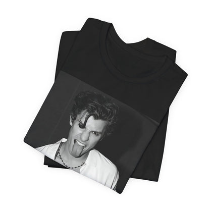A black graphic t-shirt featuring a casual black and white fan graphic of Shawn Mendes.