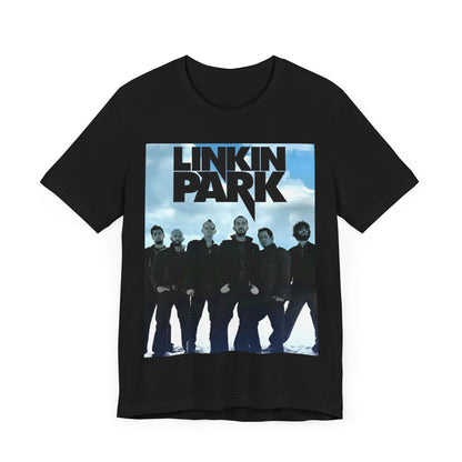 A black graphic t-shirt featuring a vintage graphic related to Linkin Park's 'In the End' song or era.