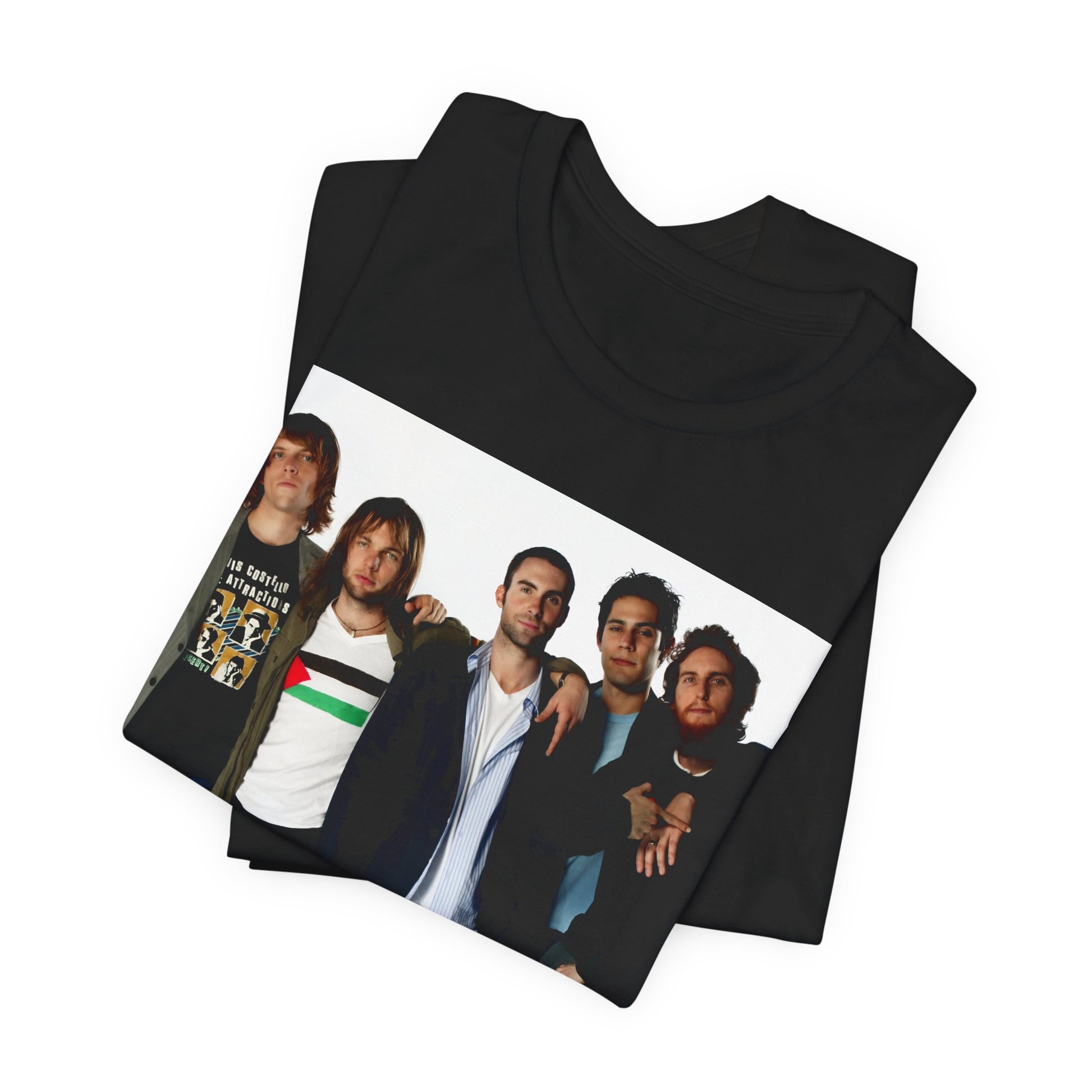 A scrapbook-style collage of various photos of the band Maroon 5 from a classic era, printed on a graphic t-shirt