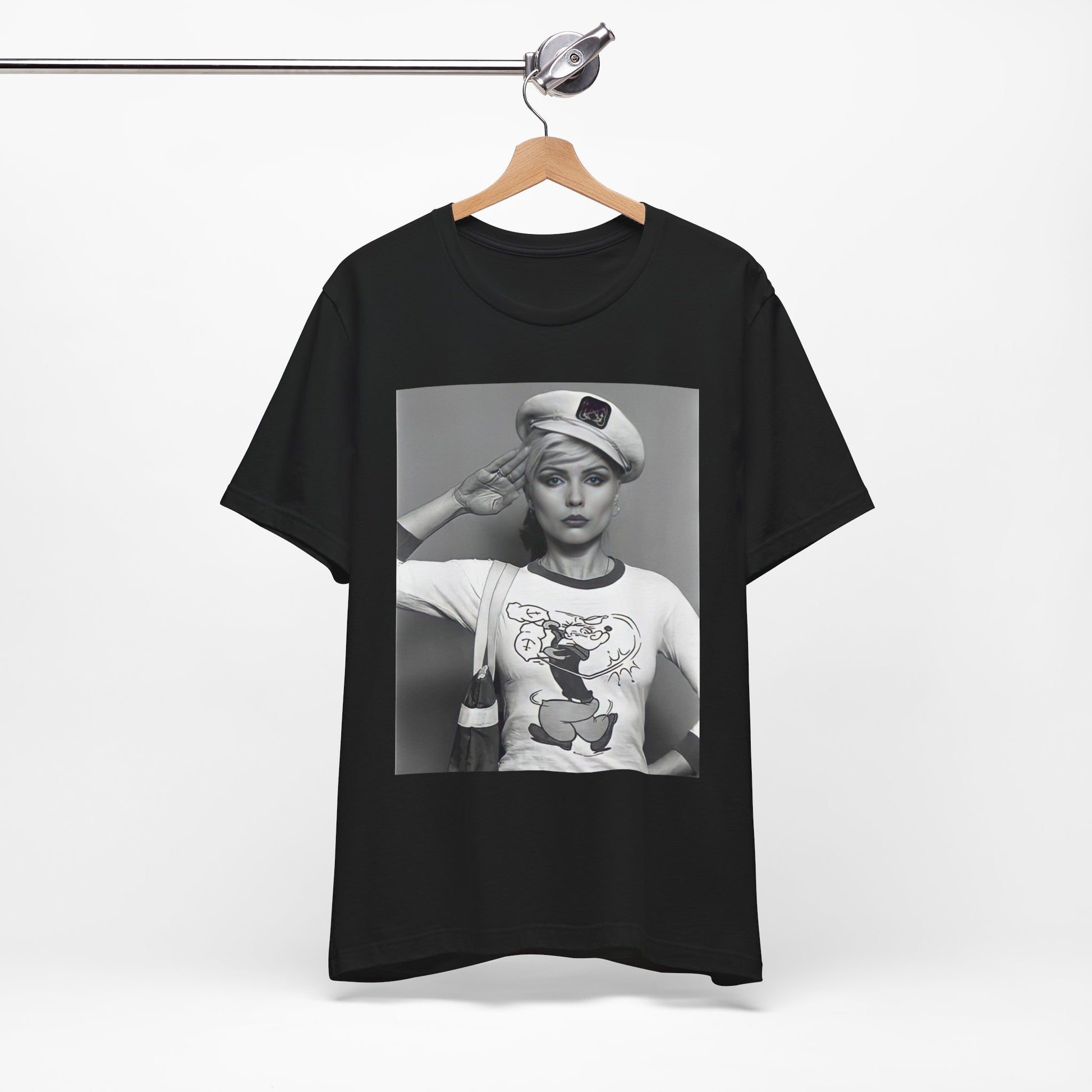 A black graphic t-shirt featuring a classic black and white graphic of the band Blondie.