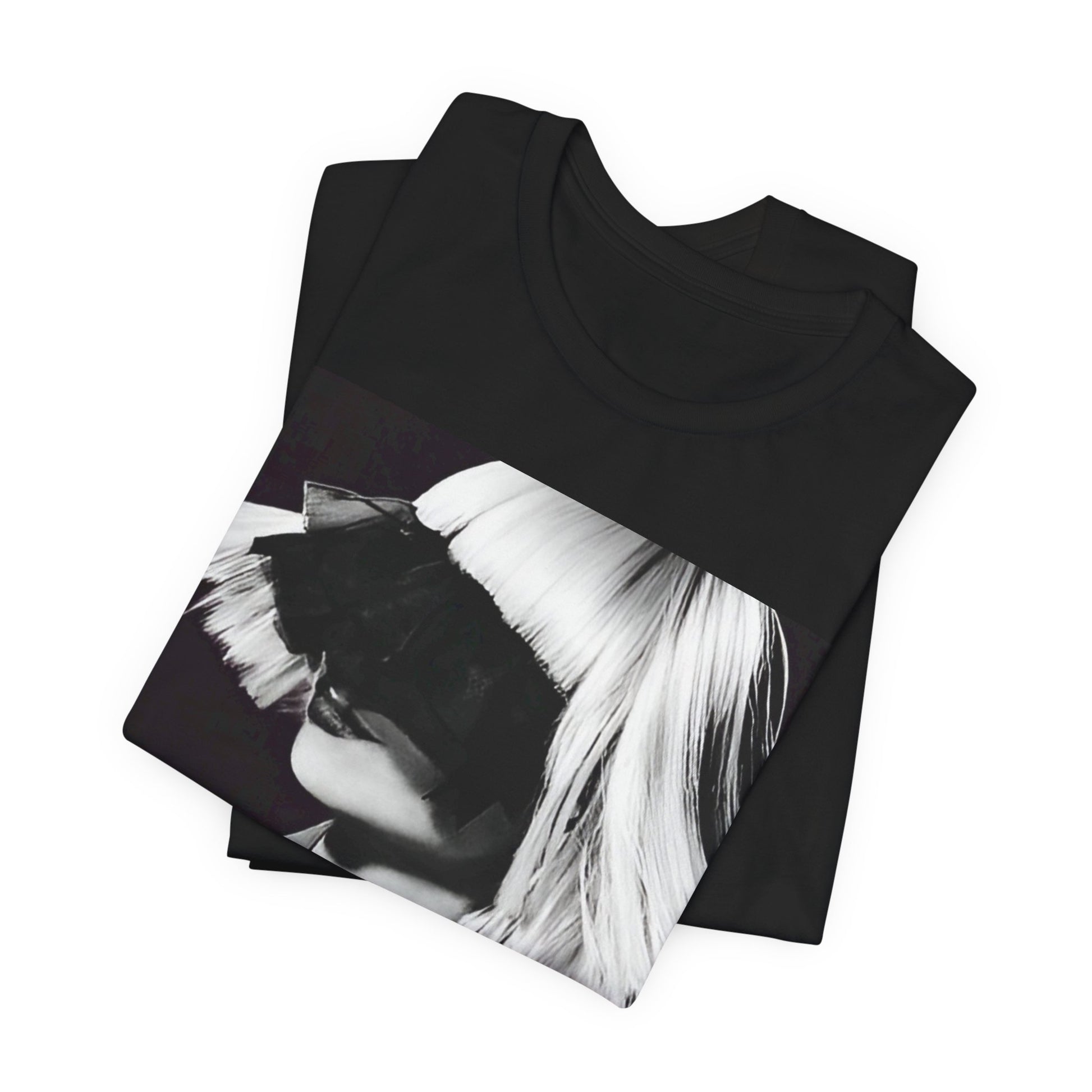 A black graphic t-shirt featuring a black and white portrait photo of Sia.