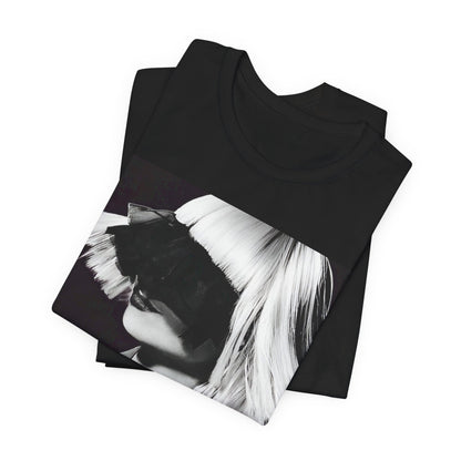 A black graphic t-shirt featuring a black and white portrait photo of Sia.