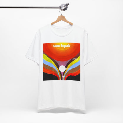 A black graphic t-shirt featuring a graphic inspired by Tame Impala's albums.