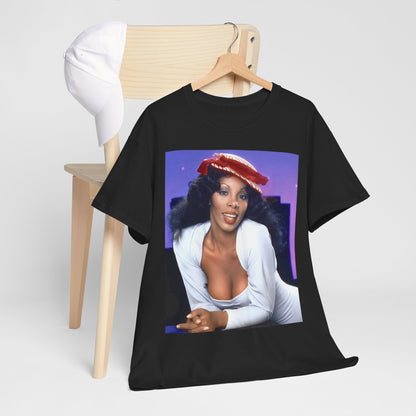 A black graphic t-shirt featuring a retro graphic related to Donna Summer's 'Bad Girls' album era.