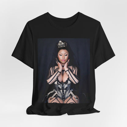 A black graphic t-shirt featuring a vintage graphic of Nicki Minaj as the Queen of Rap.