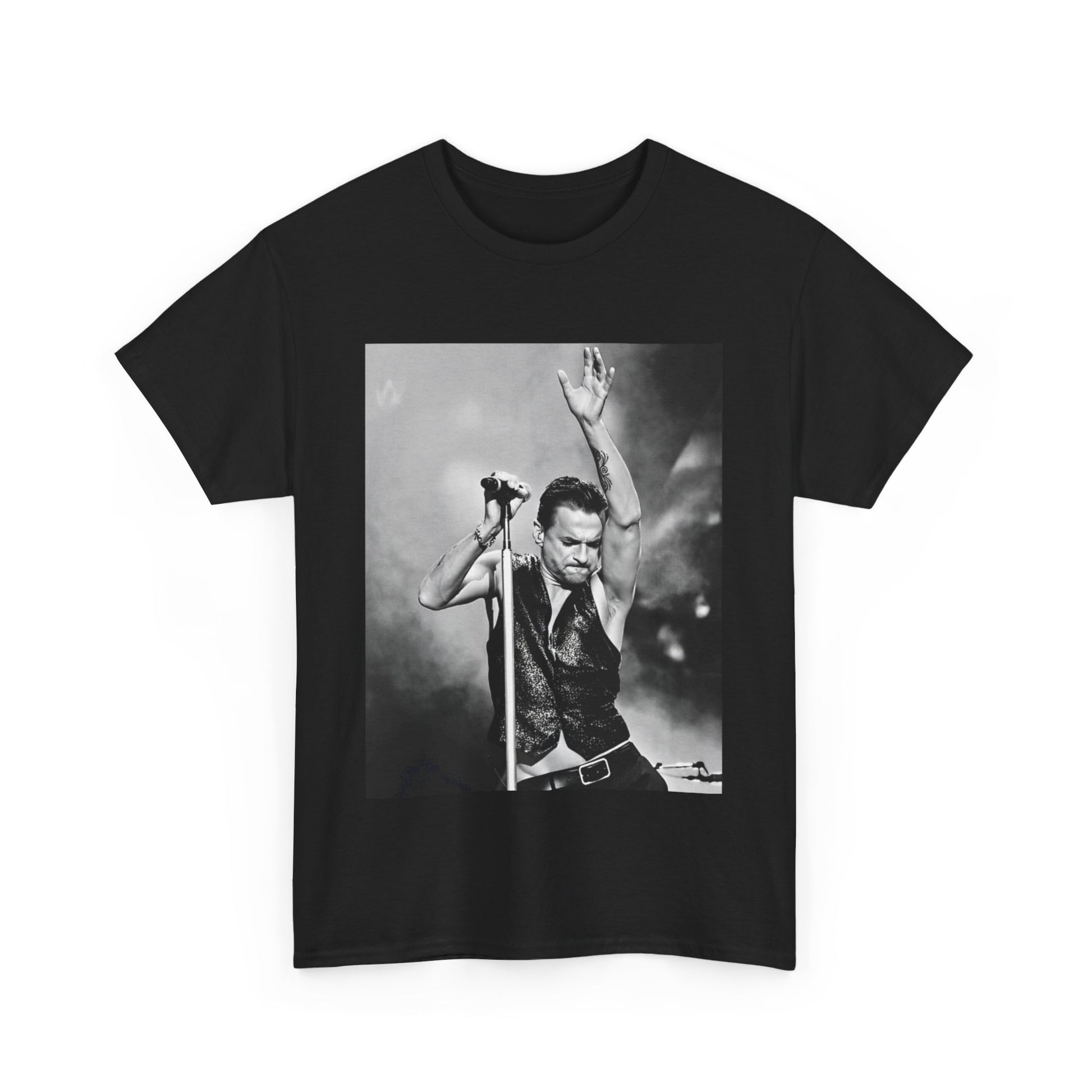 A black graphic t-shirt featuring a graphic or photo of Depeche Mode performing live on stage from the 'Personal Jesus' era.