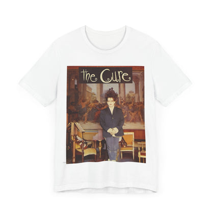 A black graphic t-shirt featuring a graphic of Robert Smith from The Cure as a goth icon.