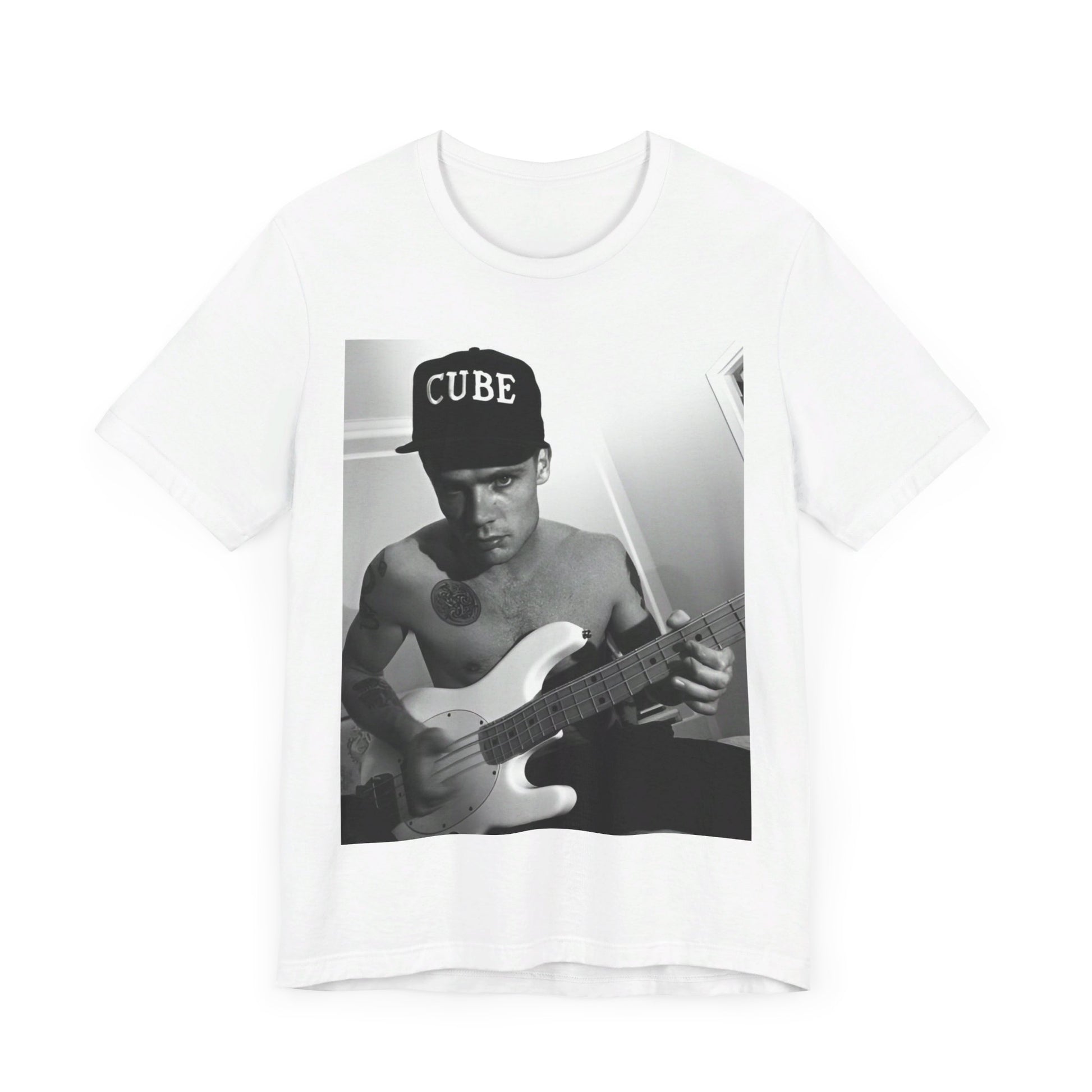 A black graphic t-shirt featuring a black and white graphic or photo of Flea from Red Hot Chili Peppers performing live on stage.