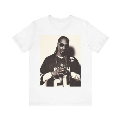 A black graphic t-shirt featuring a black and white, monochrome graphic or photo of Snoop Dogg in an OG style.