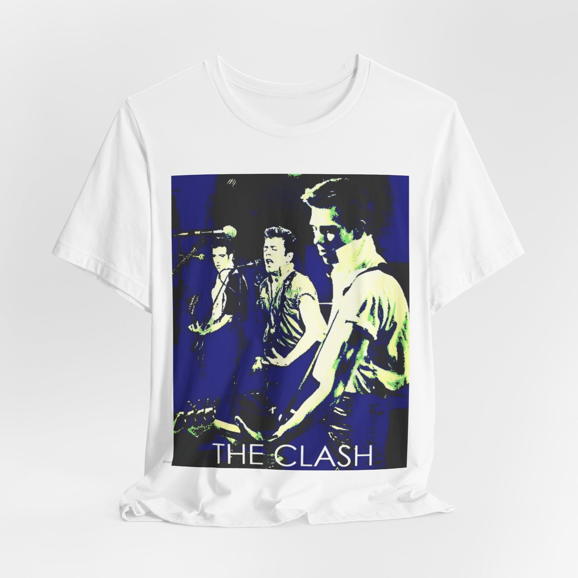 A black graphic t-shirt featuring a 70s aesthetic punk rock graphic of The Clash.