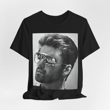 A black graphic t-shirt featuring a photo of George Michael wearing iconic sunglasses.