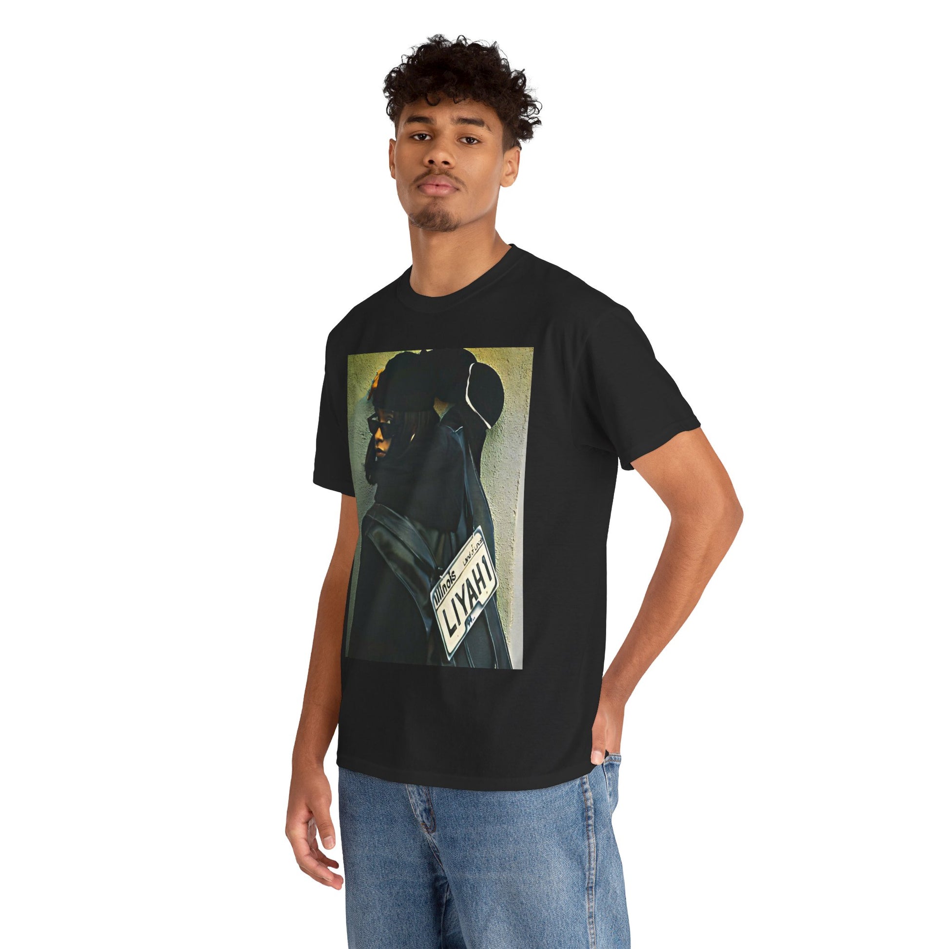 A black graphic t-shirt featuring a graphic of Aaliyah as the queen of urban rap legacy.