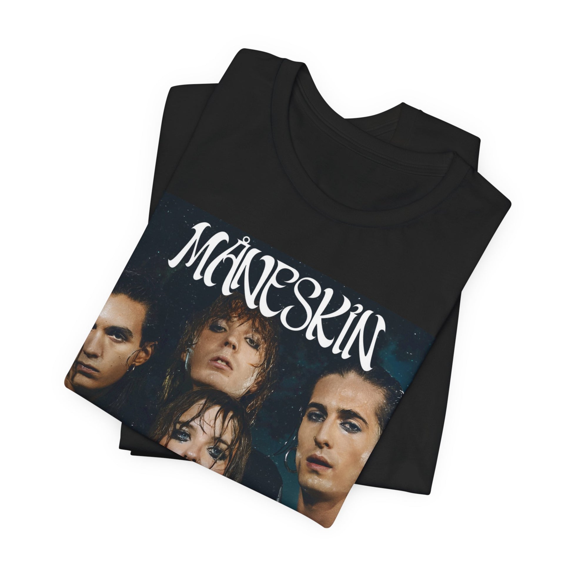 A black graphic t-shirt featuring a graphic of Maneskin with cool Italian rock vibes.