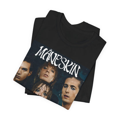 A black graphic t-shirt featuring a graphic of Maneskin with cool Italian rock vibes.