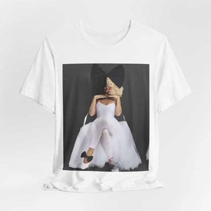 A black graphic t-shirt featuring a graphic of Sia's iconic wig style.