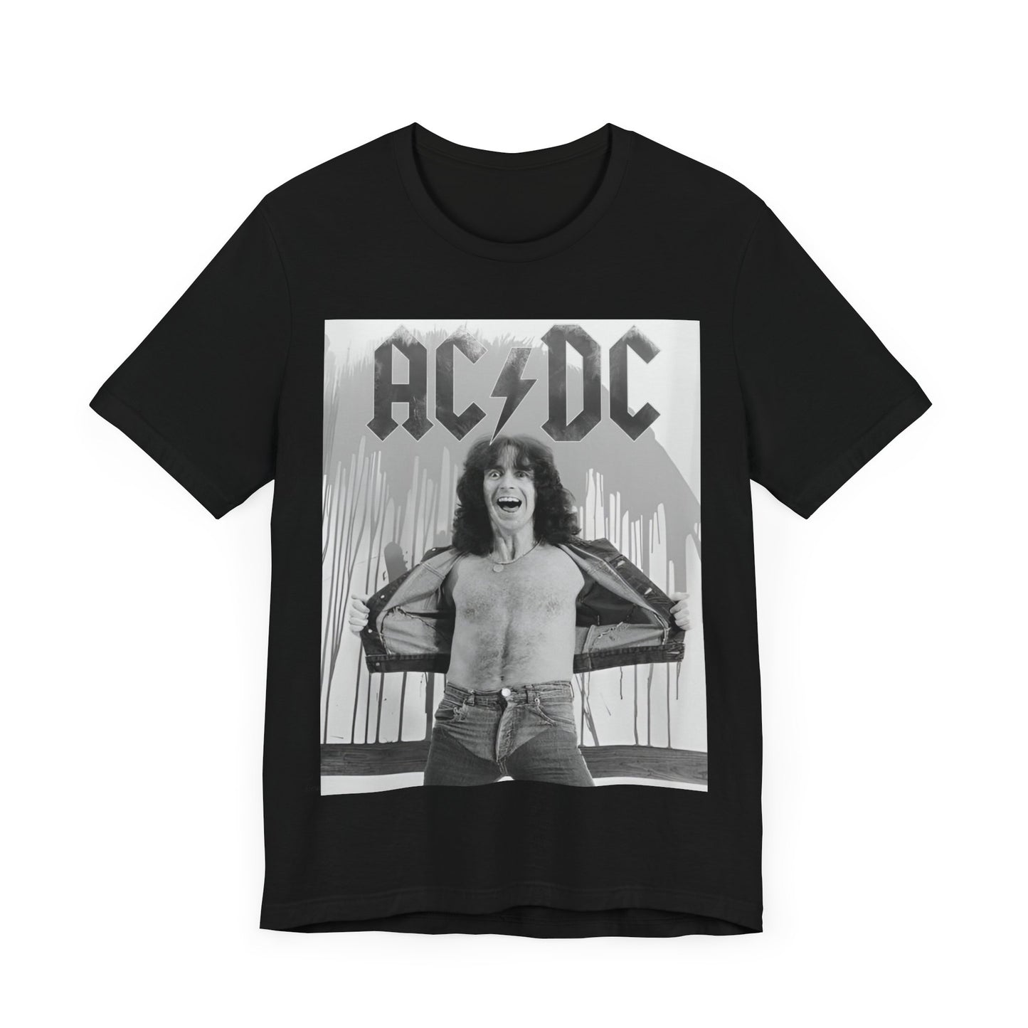 A vintage-style graphic of AC/DC's original frontman, Bon Scott, printed on a t-shirt.