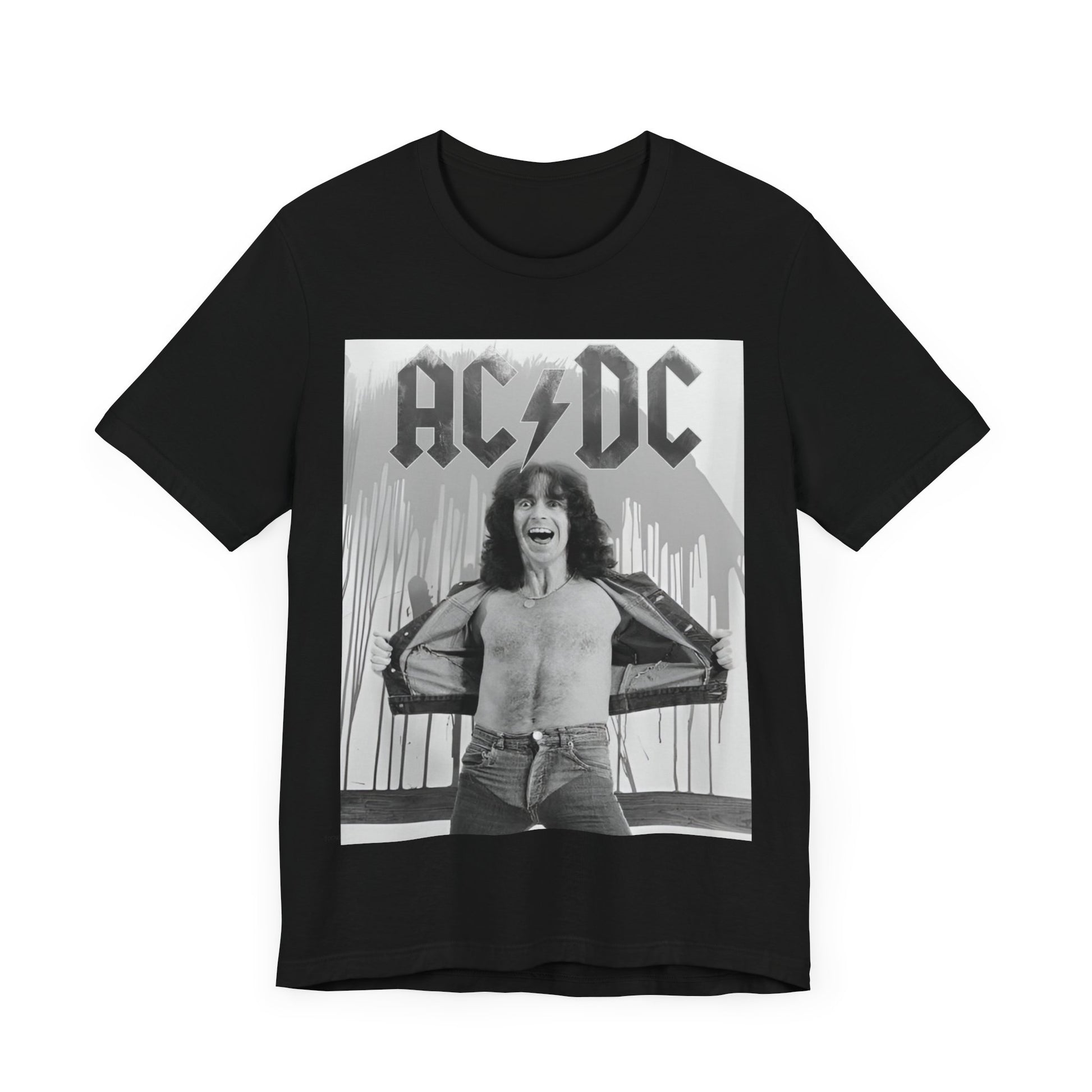 A vintage-style graphic of AC/DC's original frontman, Bon Scott, printed on a t-shirt.
