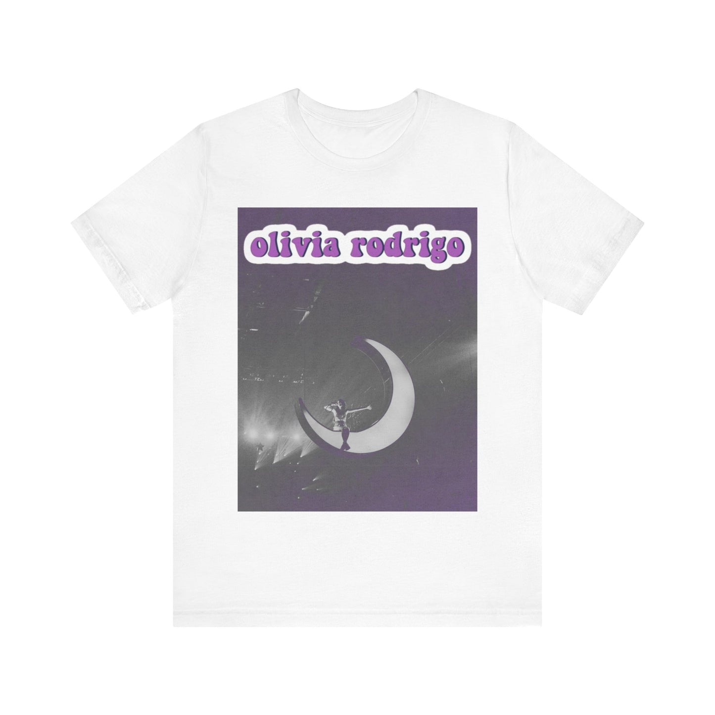 A black graphic t-shirt featuring a graphic or photo of Olivia Rodrigo performing live on stage.