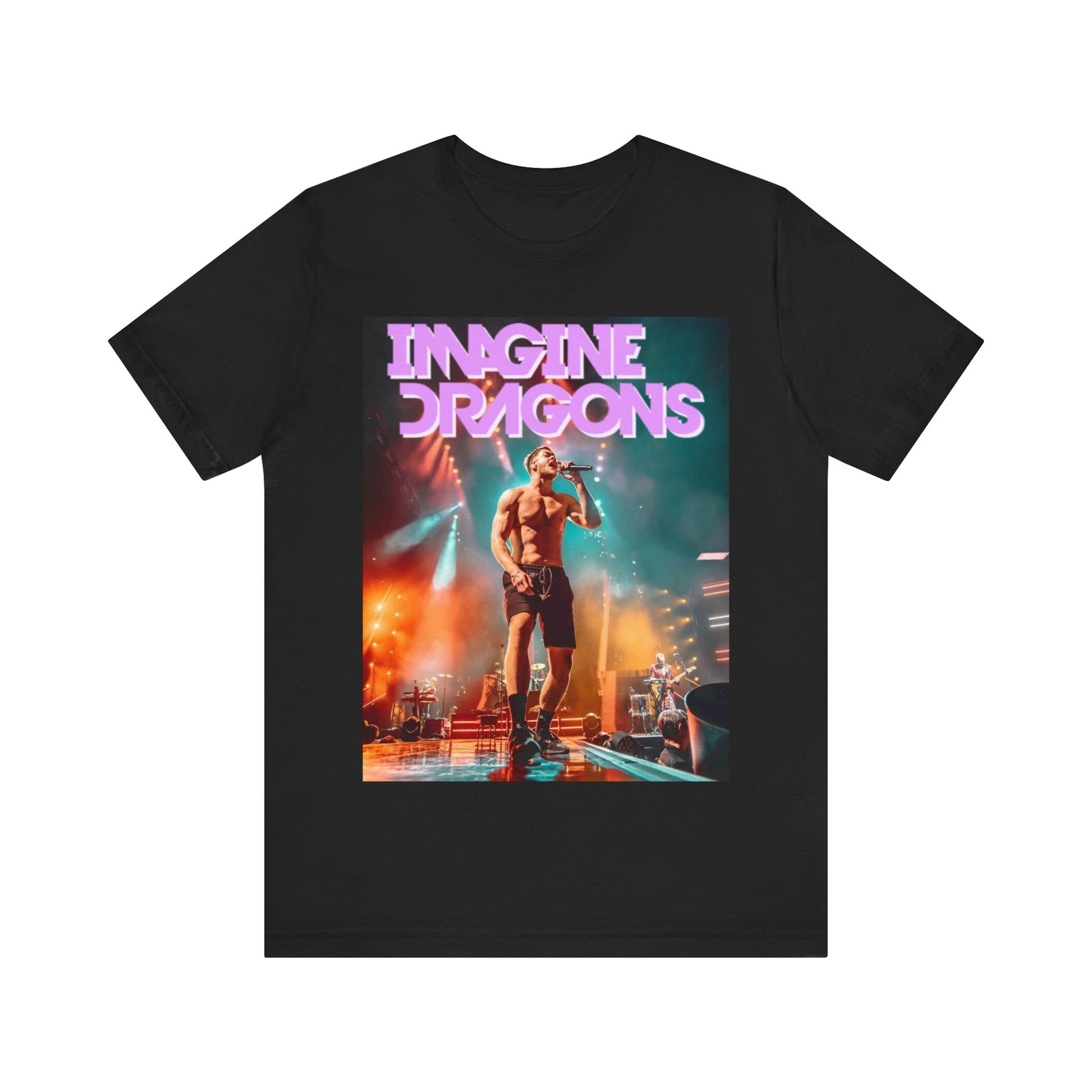 A black graphic t-shirt featuring a graphic of Imagine Dragons with a dream pop vibe.