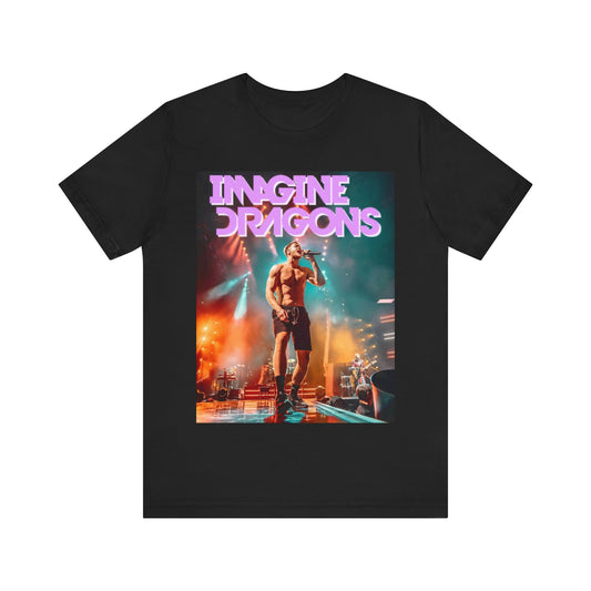 A black graphic t-shirt featuring a graphic of Imagine Dragons with a dream pop vibe.