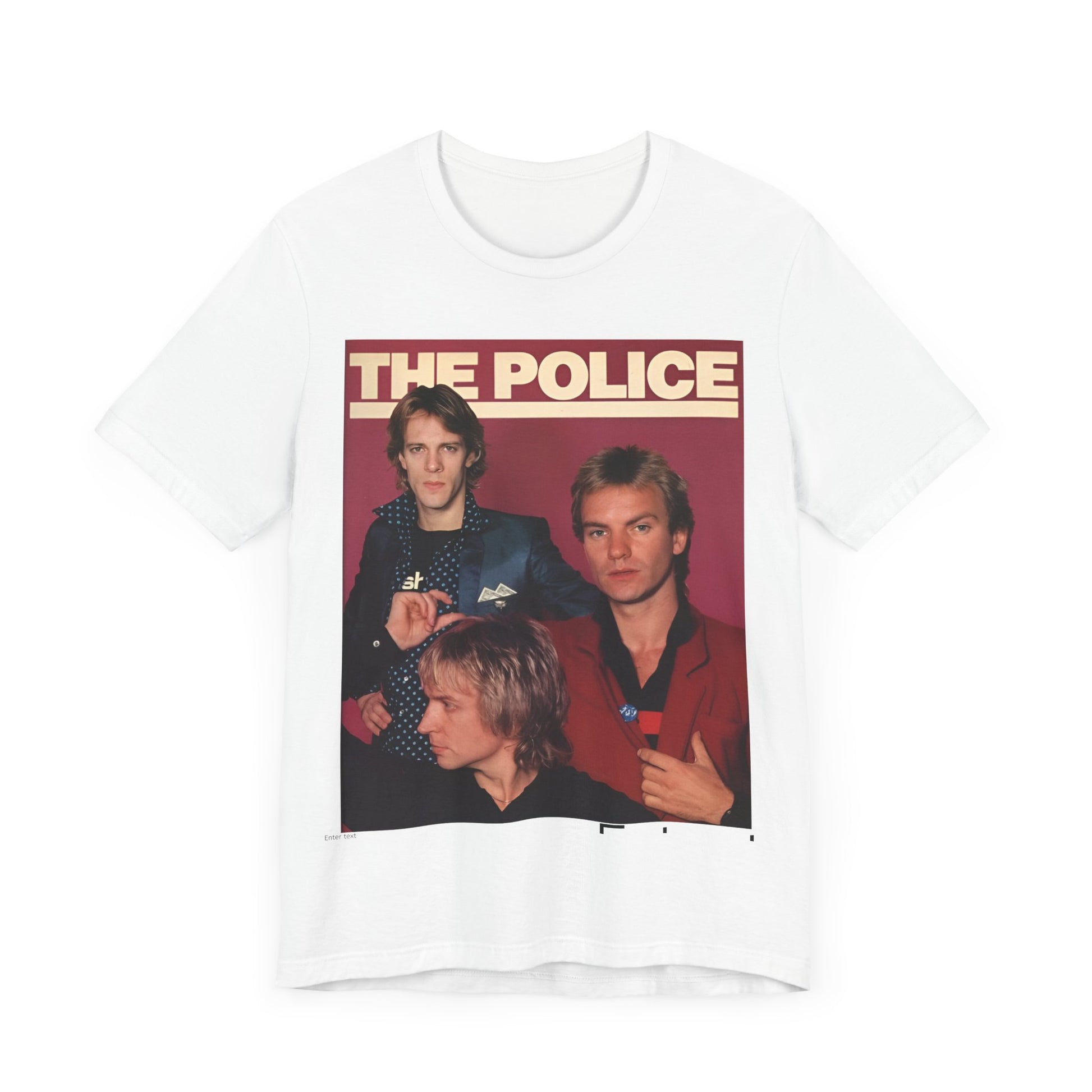 A black graphic t-shirt featuring a minimalist graphic of The Police as a power trio.