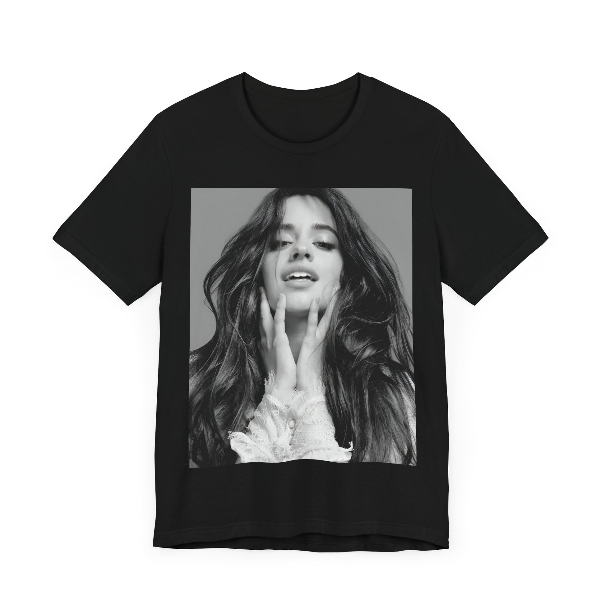 A black graphic t-shirt featuring a black and white portrait photo of Camila Cabello.