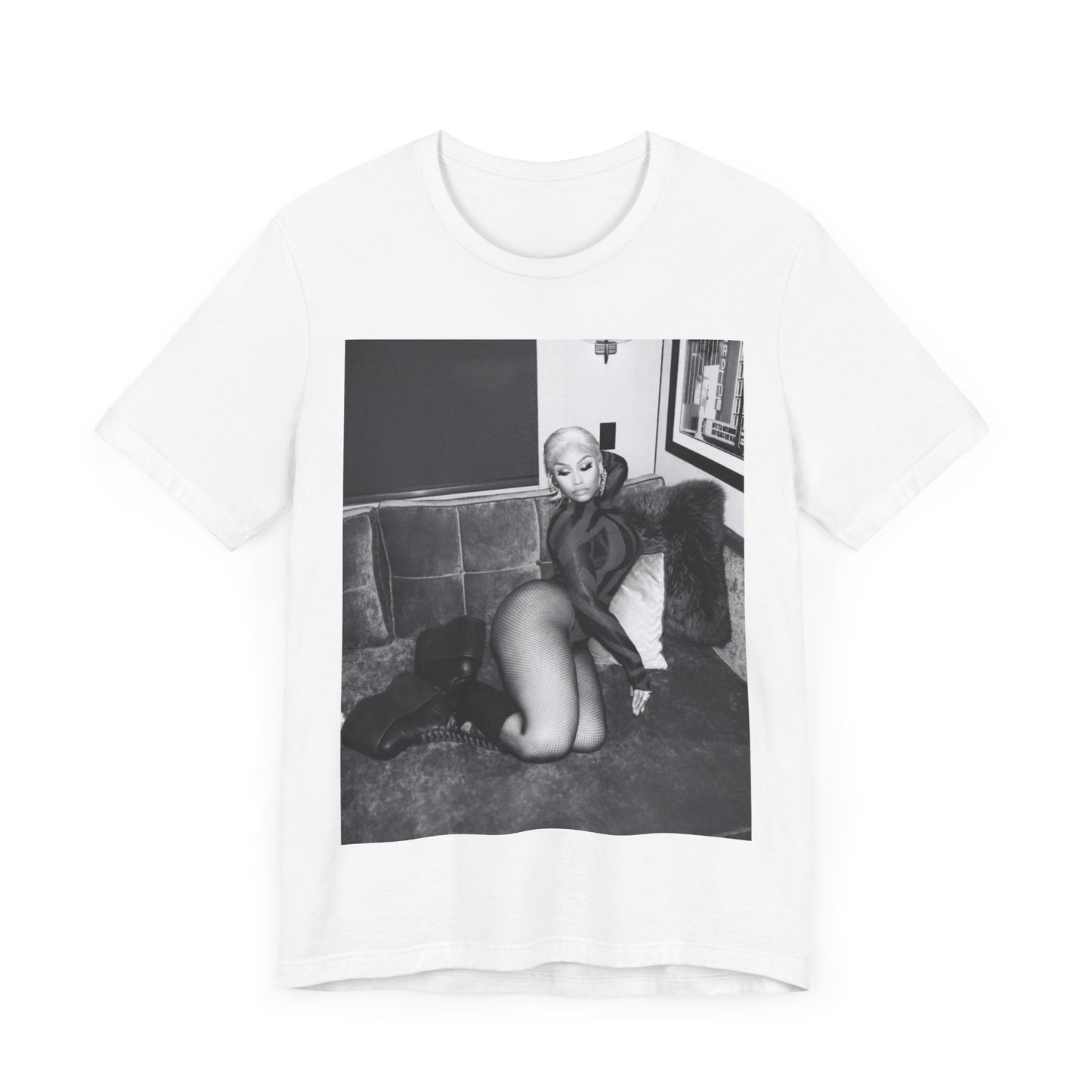 A black graphic t-shirt featuring a fierce black and white glamour graphic of Nicki Minaj.