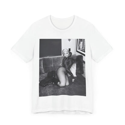 A black graphic t-shirt featuring a fierce black and white glamour graphic of Nicki Minaj.