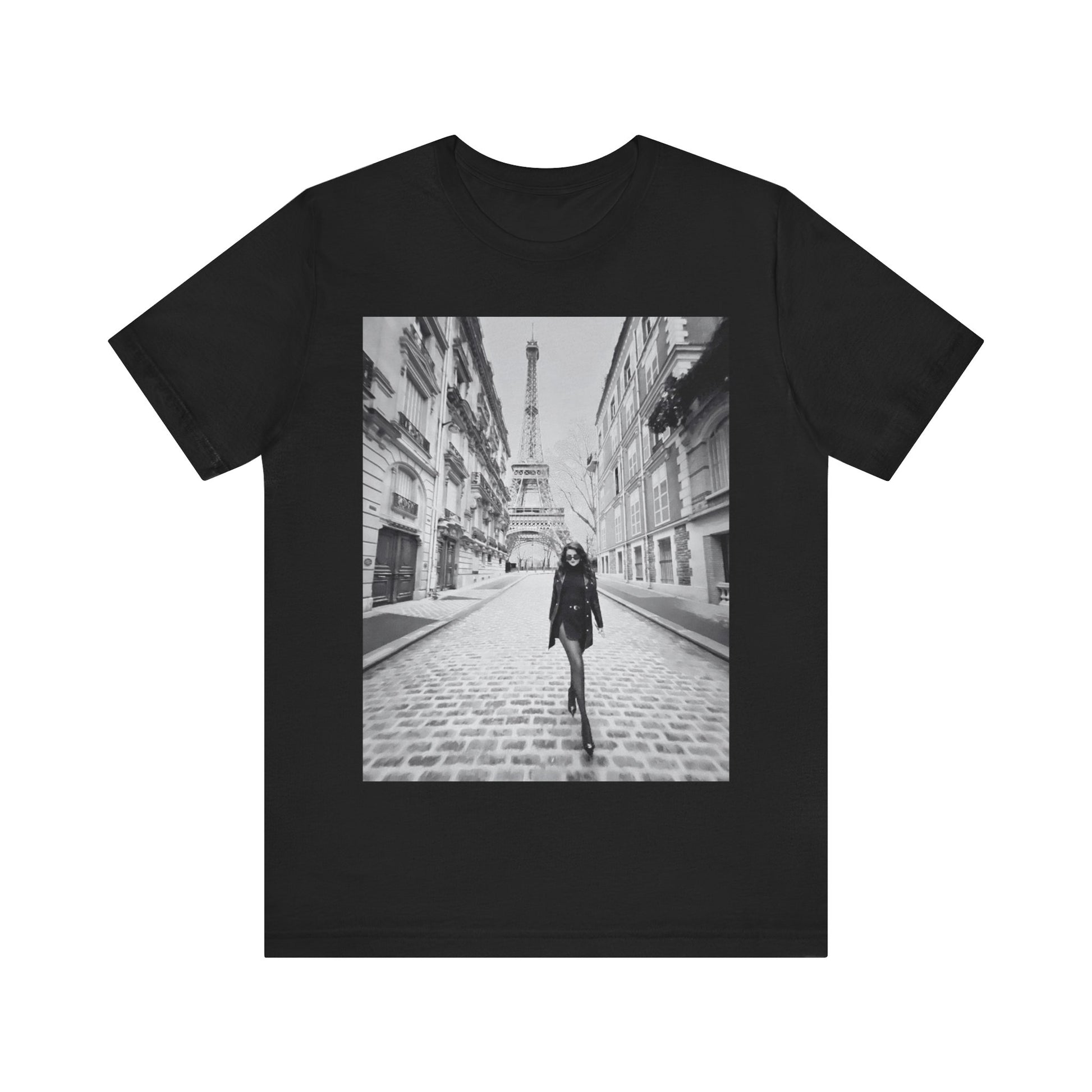 A black graphic t-shirt featuring a black and white photo of Selena Gomez in Paris.