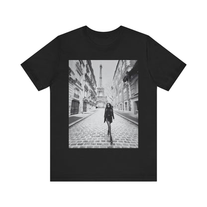 A black graphic t-shirt featuring a black and white photo of Selena Gomez in Paris.
