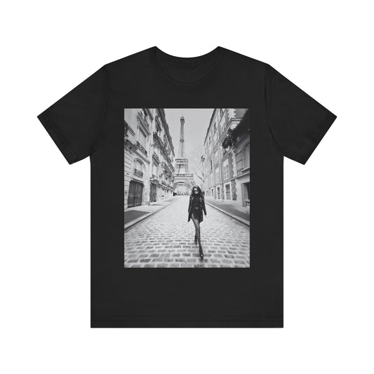 A black graphic t-shirt featuring a black and white photo of Selena Gomez in Paris.