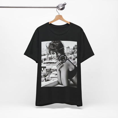A black graphic t-shirt featuring a black and white photo or graphic of Camila Cabello in an iconic style.