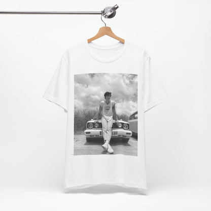 A black graphic t-shirt featuring a graphic of Shawn Mendes in an iconic tank top look.