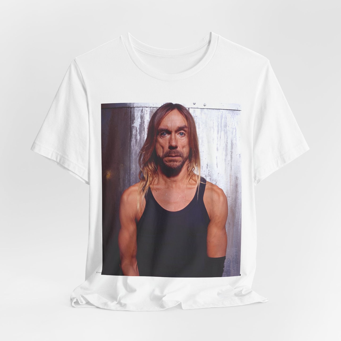 A black graphic t-shirt featuring a 90s vintage proto-punk icon graphic of Iggy Pop.