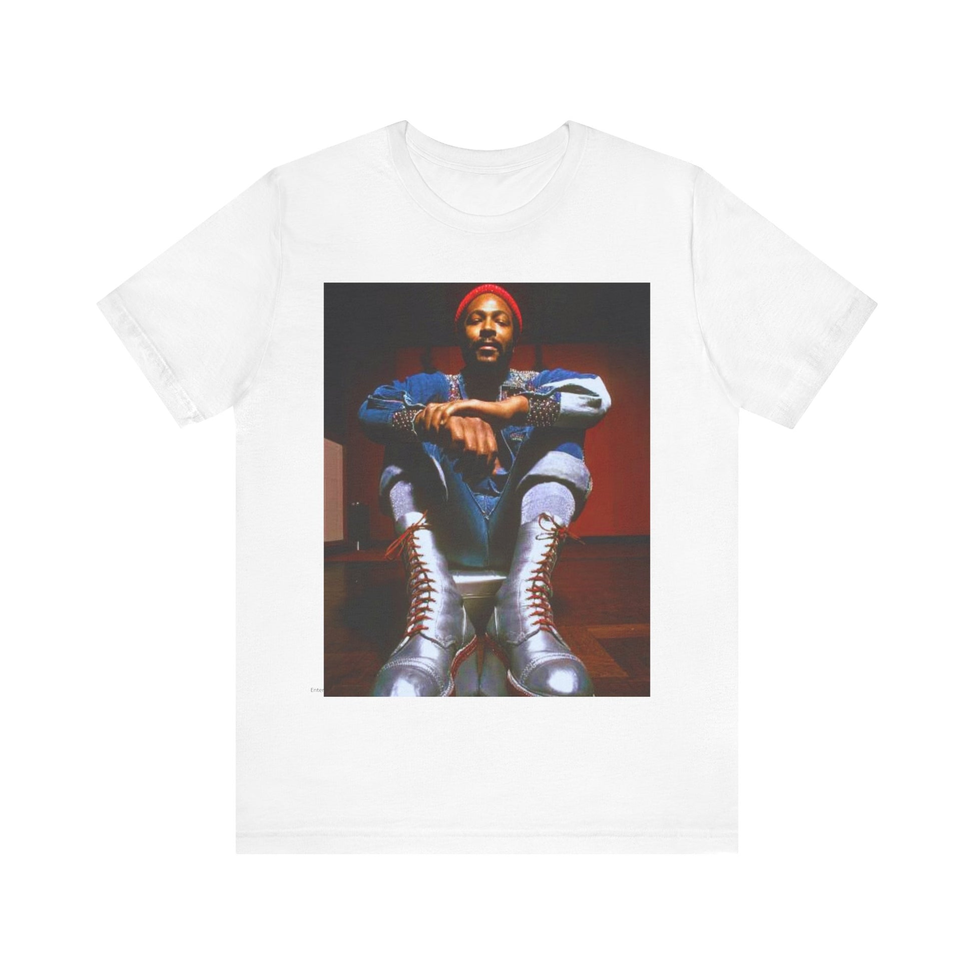 A black graphic t-shirt featuring a graphic of Marvin Gaye as the King of Motown soul legend.