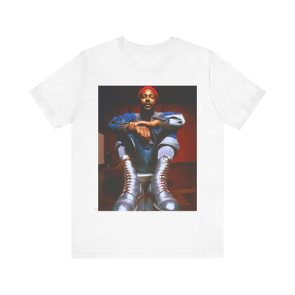 A black graphic t-shirt featuring a graphic of Marvin Gaye as the King of Motown soul legend.