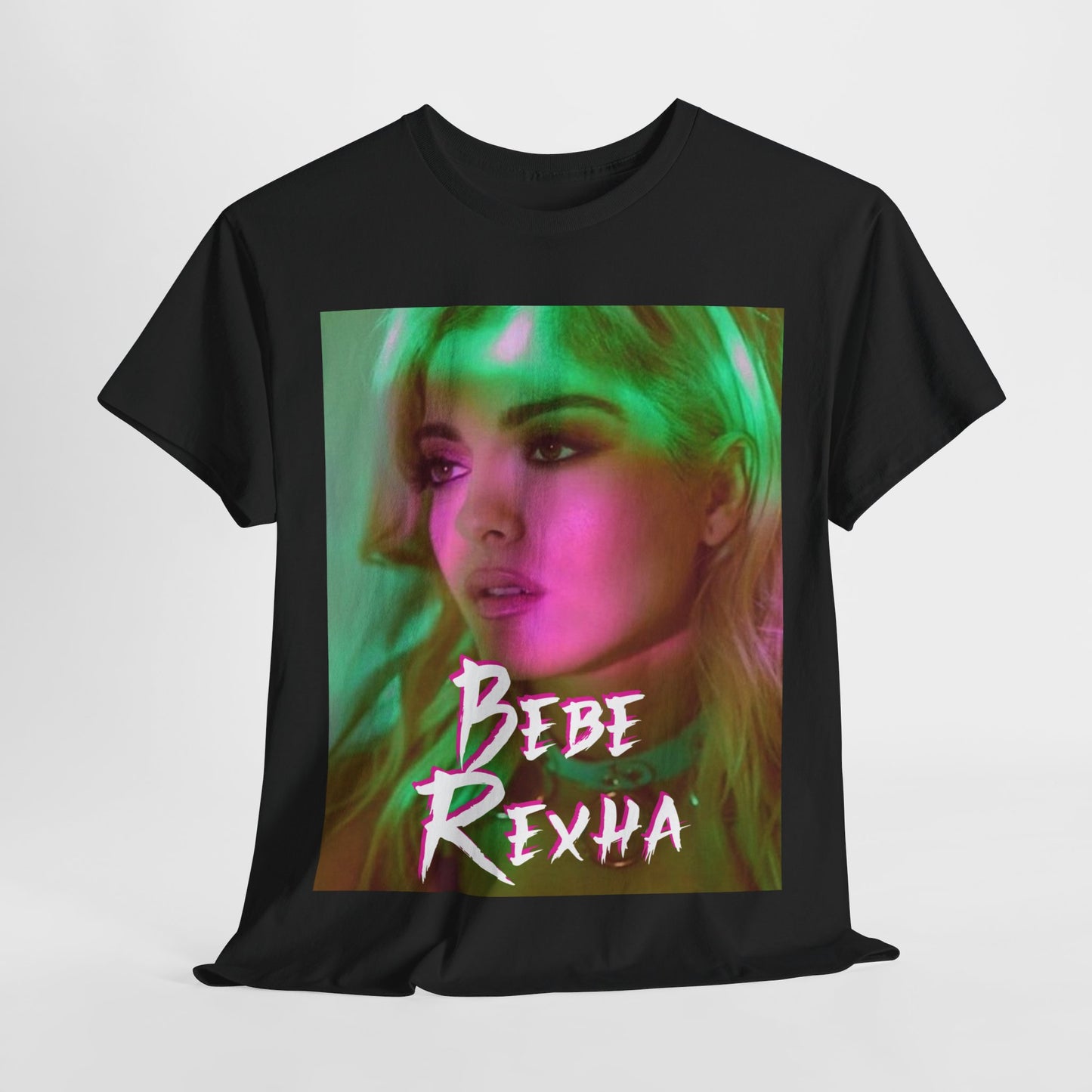 A black graphic t-shirt featuring a photo of Bebe Rexha, with neon lighting or elements, giving a chill vibe.