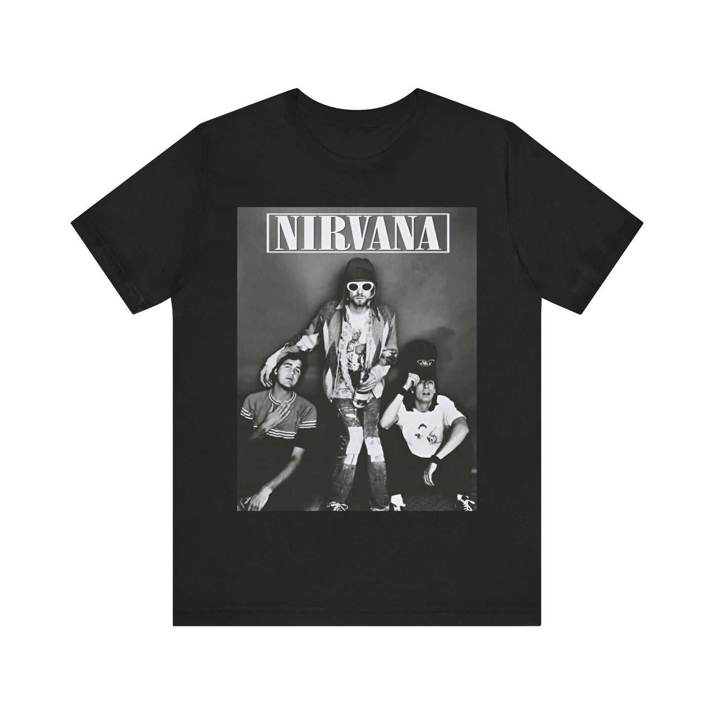 A black graphic t-shirt featuring a 90s rock rebels graphic of Nirvana.