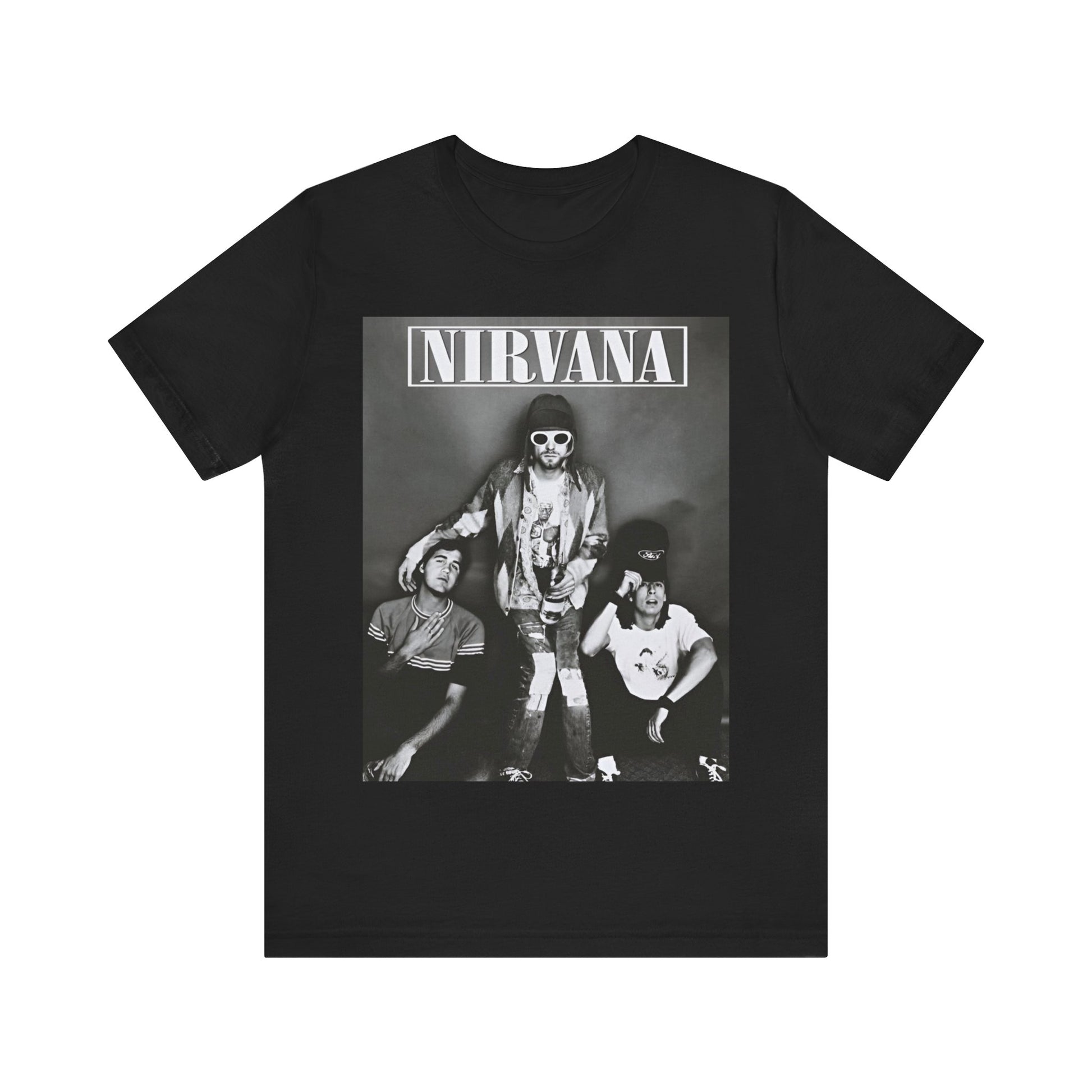 A black graphic t-shirt featuring a 90s rock rebels graphic of Nirvana.